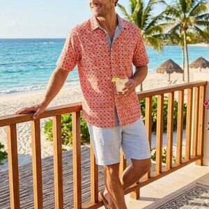 Tommy Bahama Island Zone Tropical Tiles Hawaiian Camp Shirt Size Large Coral Geo